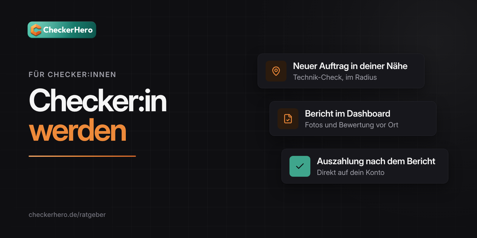 Titelbild: Schriftzug „Checker:in werden“ auf dunklem Hintergrund mit CheckerHero-Logo